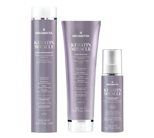 Набір Medavita Keratin Miracle Sleek Hair TRIO шампунь, маска, спрей для пухнастого та неслухняного волосся 250/150/150 мл