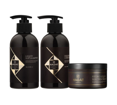 Набір "Рідкий Шовк" Hadat Liquid Silk TRIO шампунь, кондиціонер, маска для відновлення блиску та гладкості волосся 2х250/300 мл