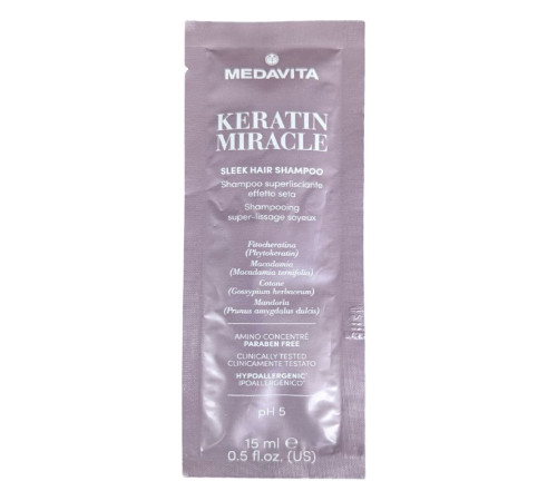 Розгладжуючий шампунь Medavita Keratin Miracle Sleek Shampoo з ефектом шовку для пухнастого та неслухняного волосся, пробник саше 15 мл