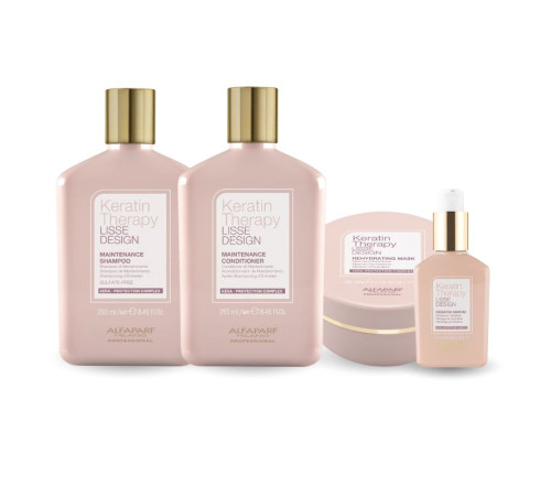 Набір Alfaparf Milano Lisse Design Keratin Therapy QUAD-1 шампунь, кондиціонер, маска, сироватка для блиску та шовковистості волосся 2x250+200+125 мл