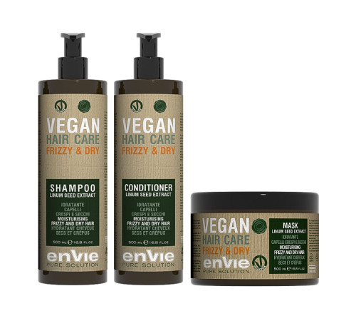 Набір Envie Vegan Frizzy and Dry Linum Seed Extract шампунь, кондиціонер та маска для зволоження сухого і кучерявого волосся (EN854/EN860/EN861)