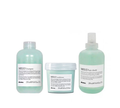 Набір Davines Melu TRIO шампунь, кондиціонер та термозахисний спрей для запобігання ламкості волосся, 3х250 мл