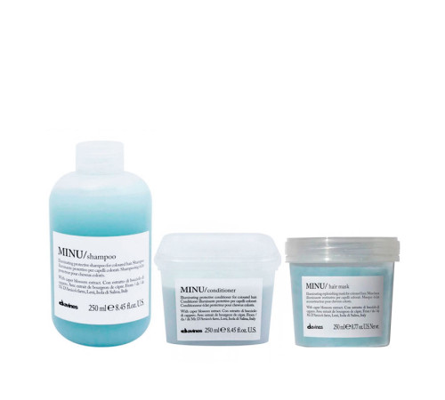 Набір Davines Minu TRIO шампунь, кондиціонер та маска для збереження кольору фарбованого волосся, 3х250 мл