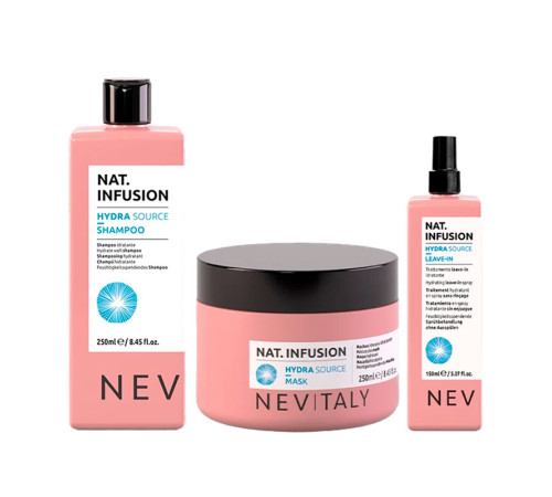 Набор Nevitaly TRIO Nat. Infusion Hydra Source шампунь, маска і спрей для зволоження сухого волосся, 250/250/150 мл