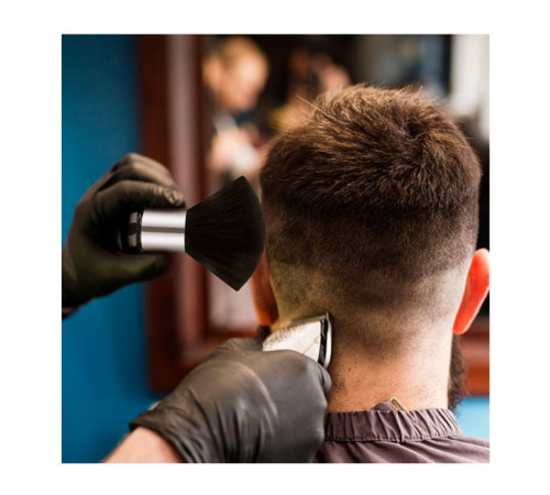 Щітка-змітка волосся з шиї після стрижки Barber-6 для перукаря барбера срібло кругла чорна щетина 95х39 мм