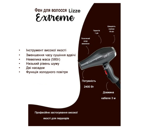 Професійний фен для волосся Lizze Extreme 2400 W Сірий