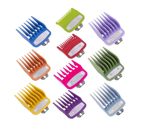 Набір універсальних насадок Barbertools з металічною кліпсою для машинок для стрижки волосся 10 штук 1,5 - 25 мм різнокольорові