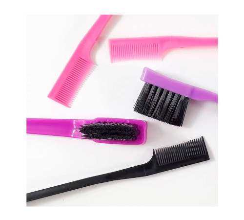Двосторонній міні гребінець з пензликом для фарбування, укладання волосся та брів рожевий
